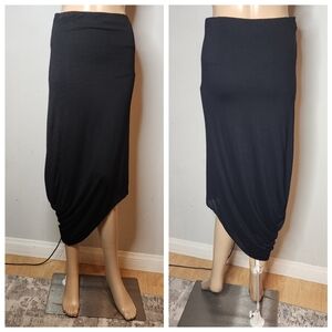 Helmut Lang Black Asymmetrical Ruched Midi Skirt Pull On Stretch Viscose Small